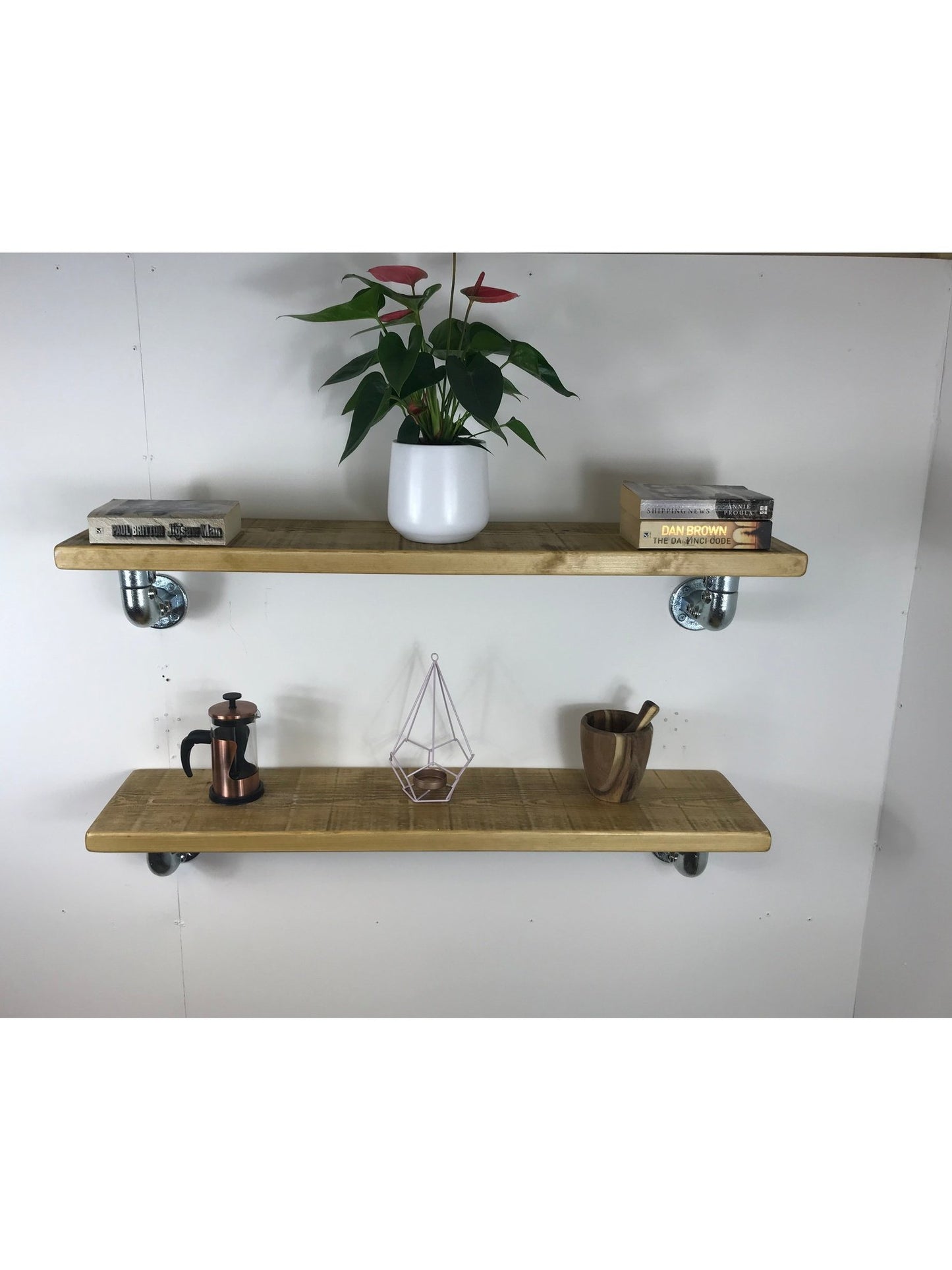 Rustic Shelves, handcrafted in solid wood, Industrial silver scaffold style Brackets, 5 wood colours, wall shelf