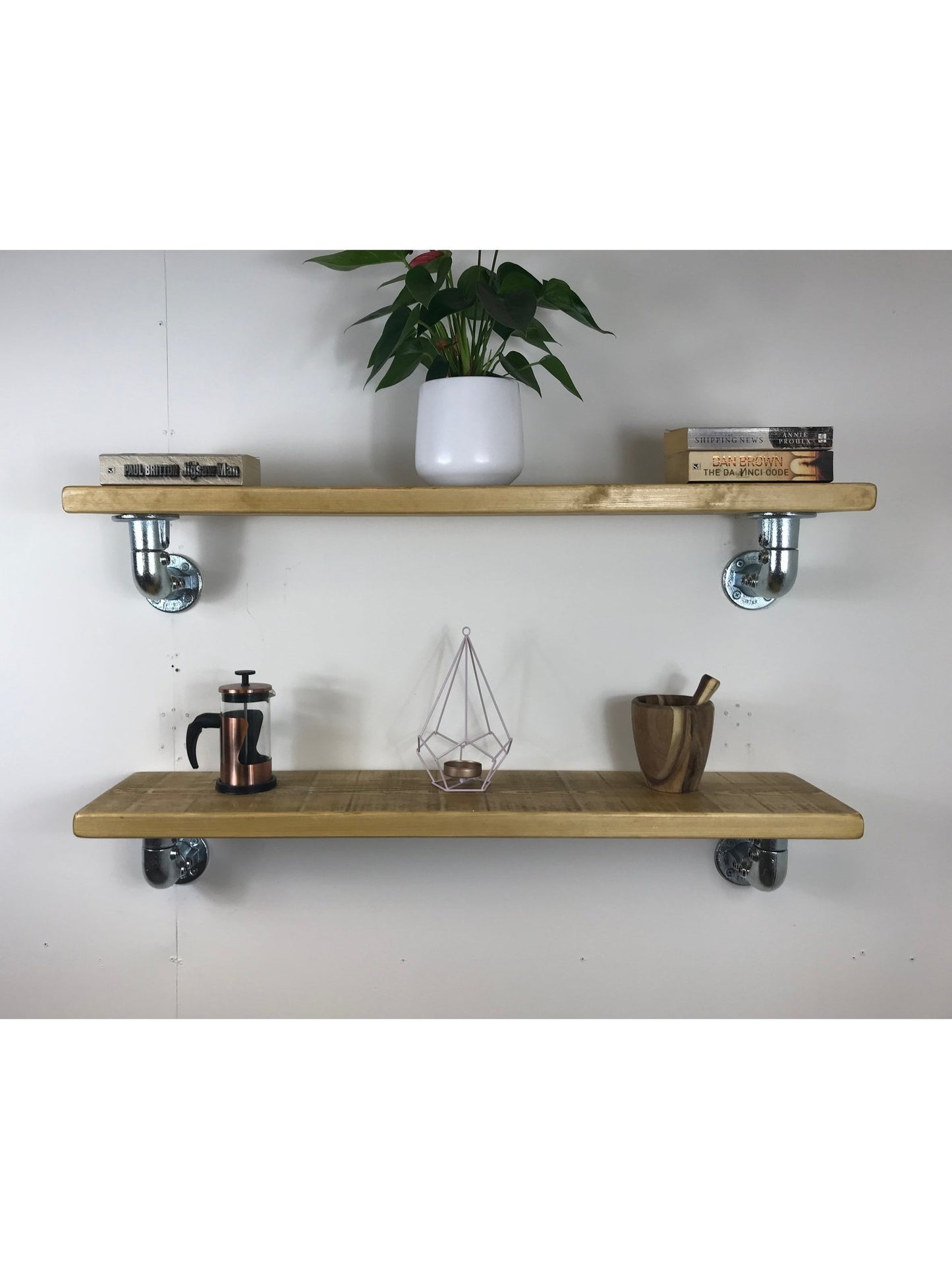 Rustic Shelves, handcrafted in solid wood, Industrial silver scaffold style Brackets, 5 wood colours, wall shelf