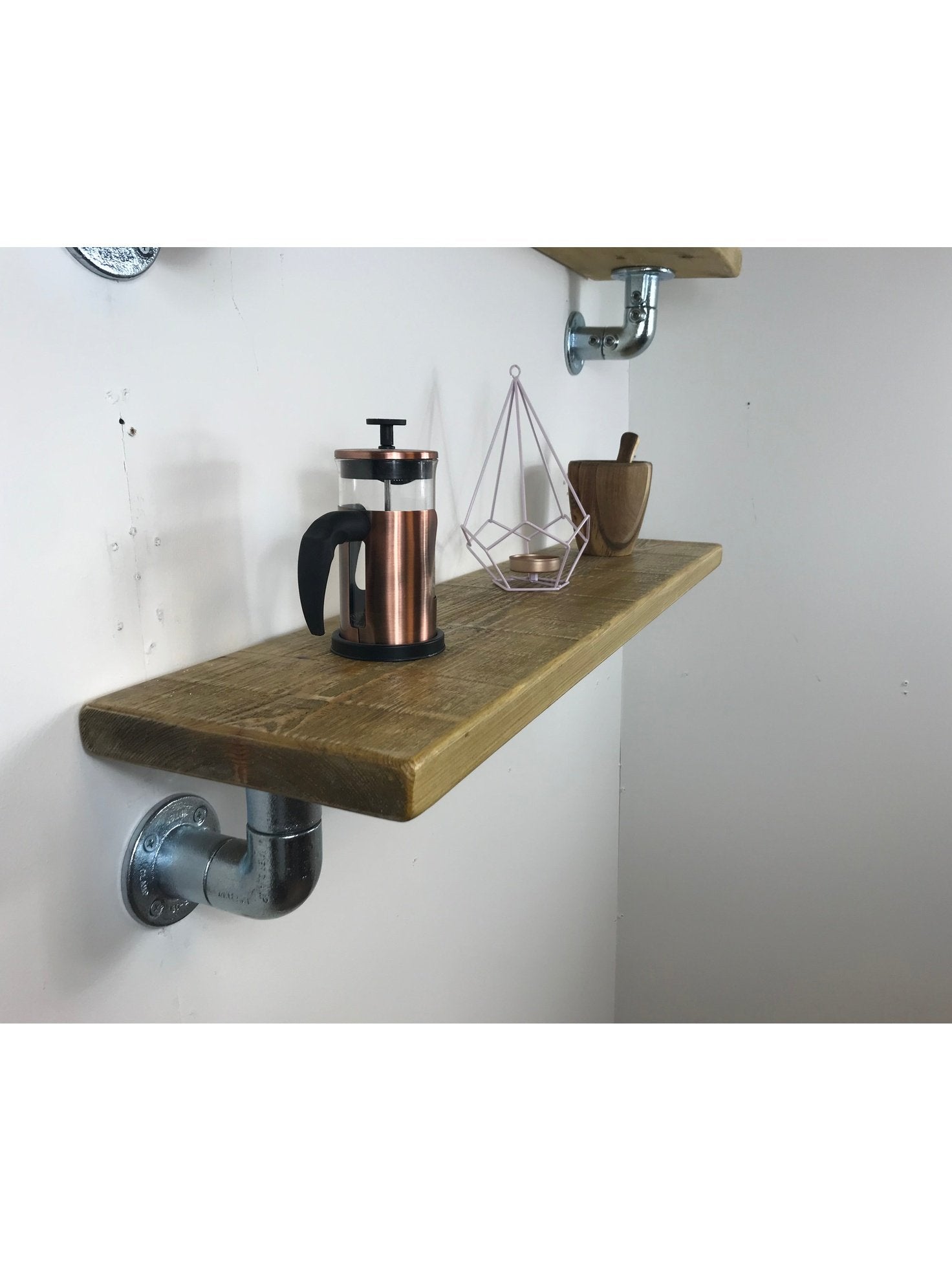 Rustic Shelves, handcrafted in solid wood, Industrial silver scaffold style Brackets, 5 wood colours, wall shelf