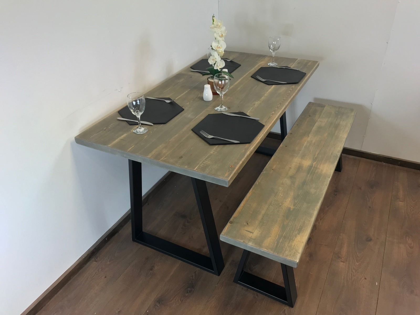 Dining Table with Trapezium sty;e Frame Legs in 2 finishes, Handmade with solid sustainable wood, dining table set.