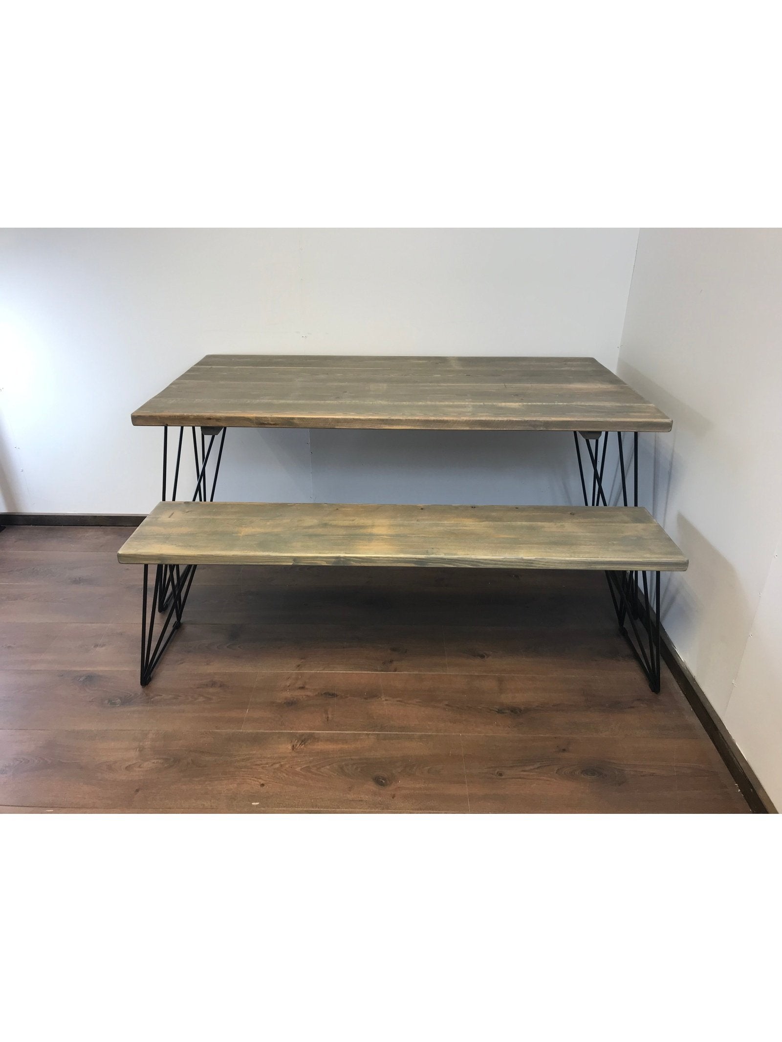 Rustic Dining table and bench set, Rustic timber professionally joined in 5 colours, Industrial Hair pin legs, The ASH