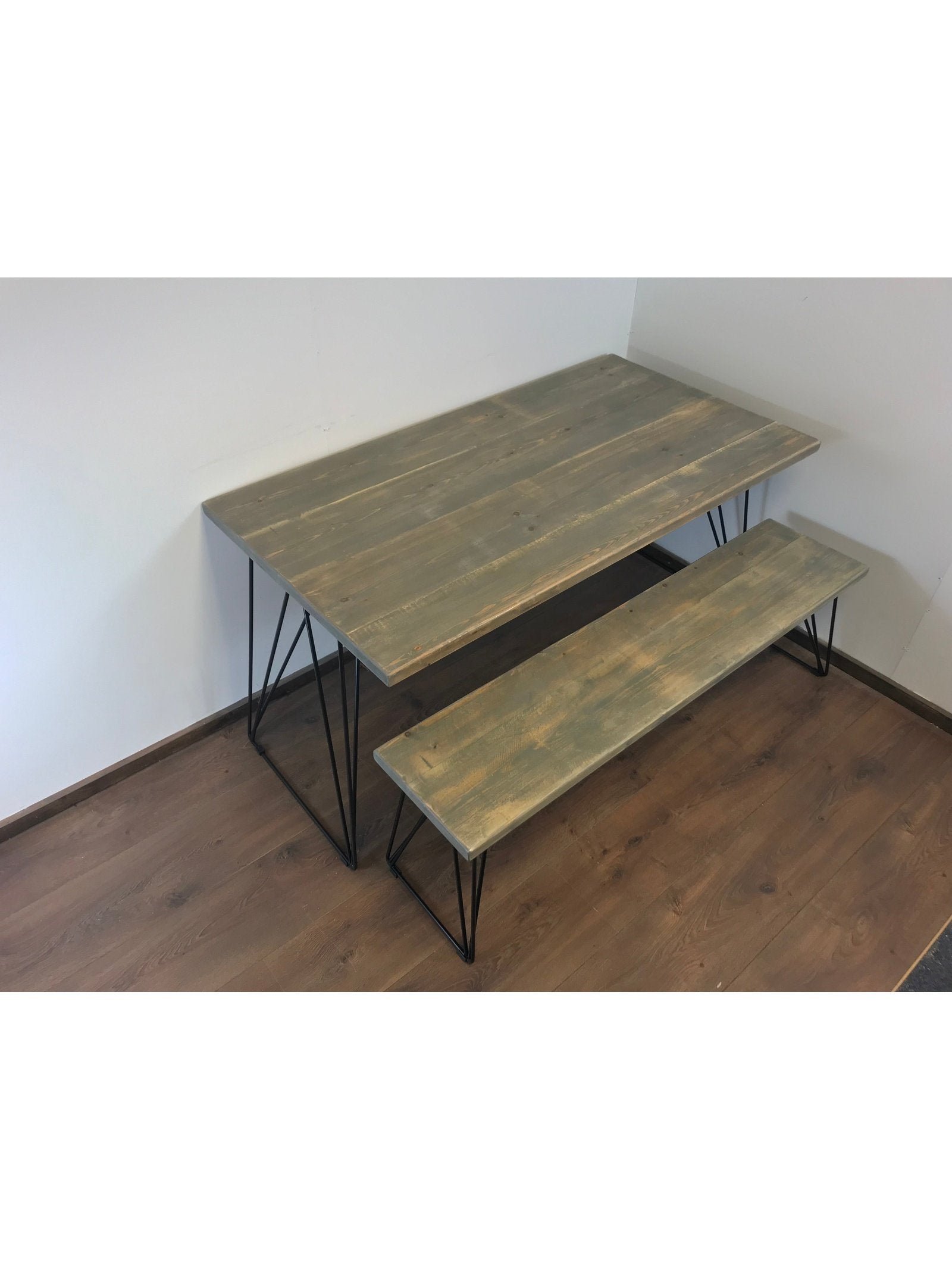 Rustic Dining table and bench set, Rustic timber professionally joined in 5 colours, Industrial Hair pin legs, The ASH