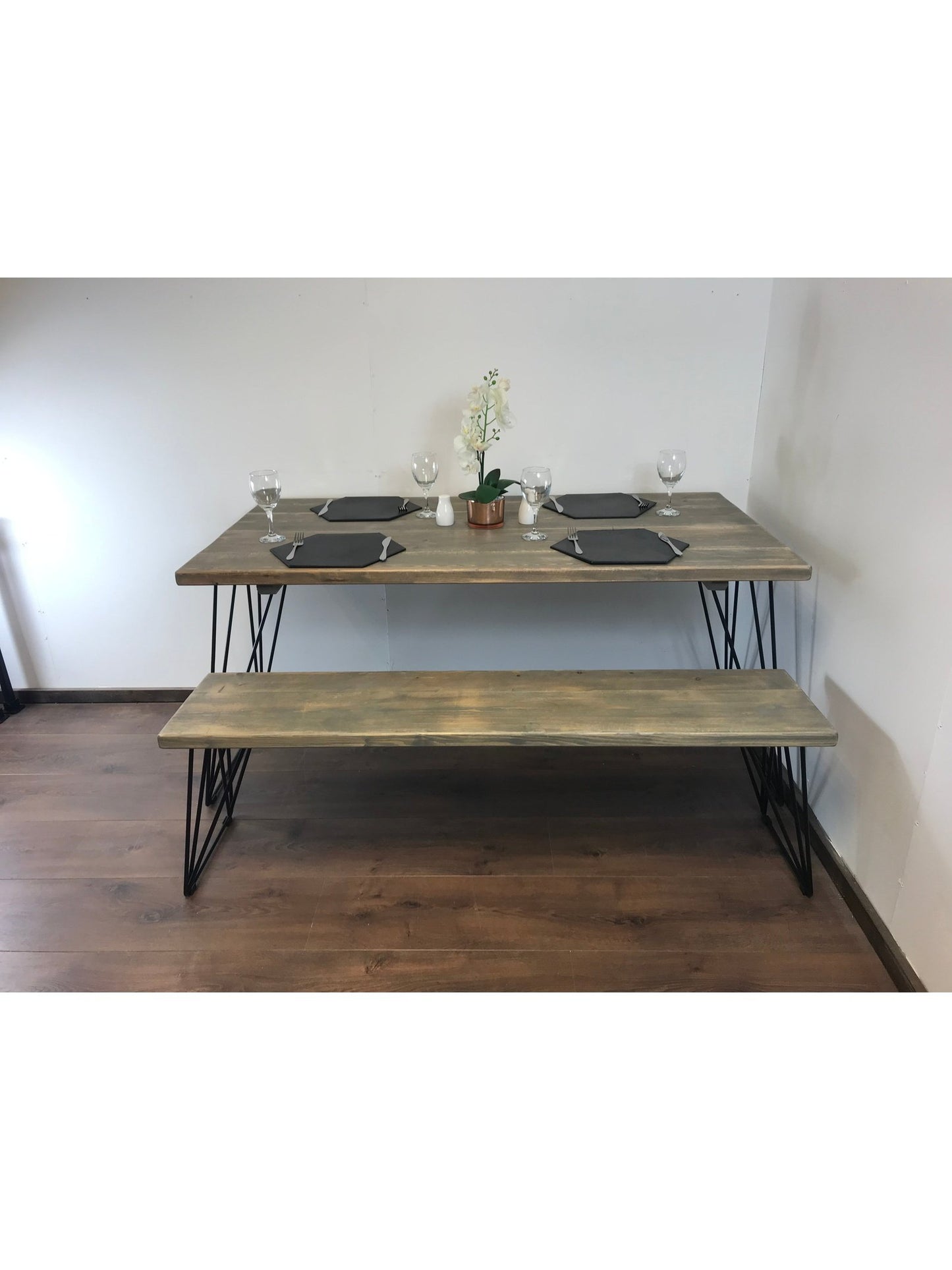 Rustic Dining table and bench set, Rustic timber professionally joined in 5 colours, Industrial Hair pin legs, The ASH