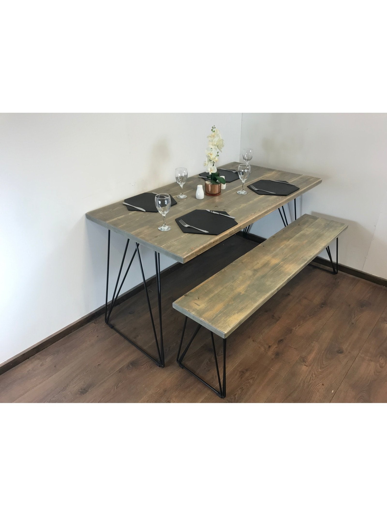 Rustic Dining table and bench set, Rustic timber professionally joined in 5 colours, Industrial Hair pin legs, The ASH