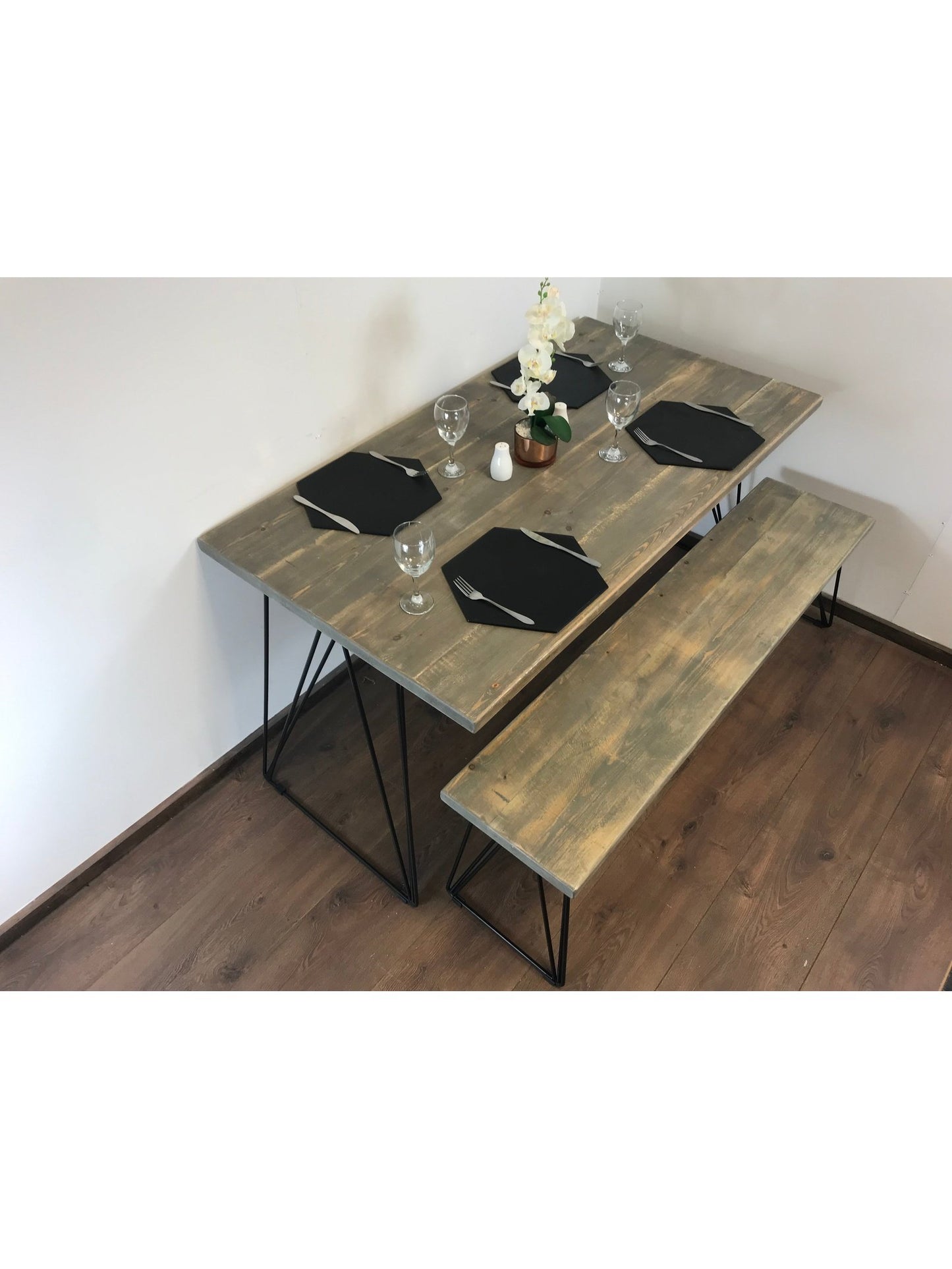 Rustic Dining table and bench set, Rustic timber professionally joined in 5 colours, Industrial Hair pin legs, The ASH