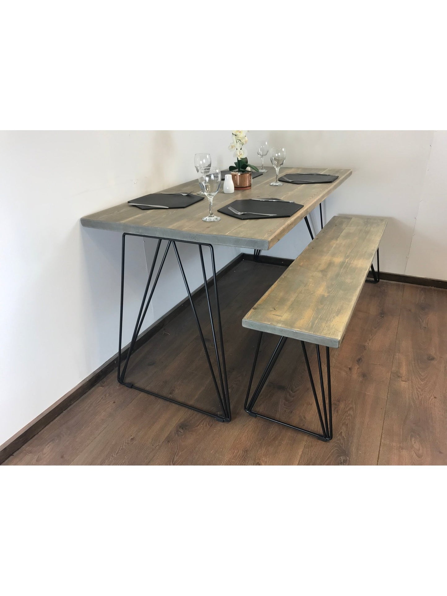 Rustic Dining table and bench set, Rustic timber professionally joined in 5 colours, Industrial Hair pin legs, The ASH