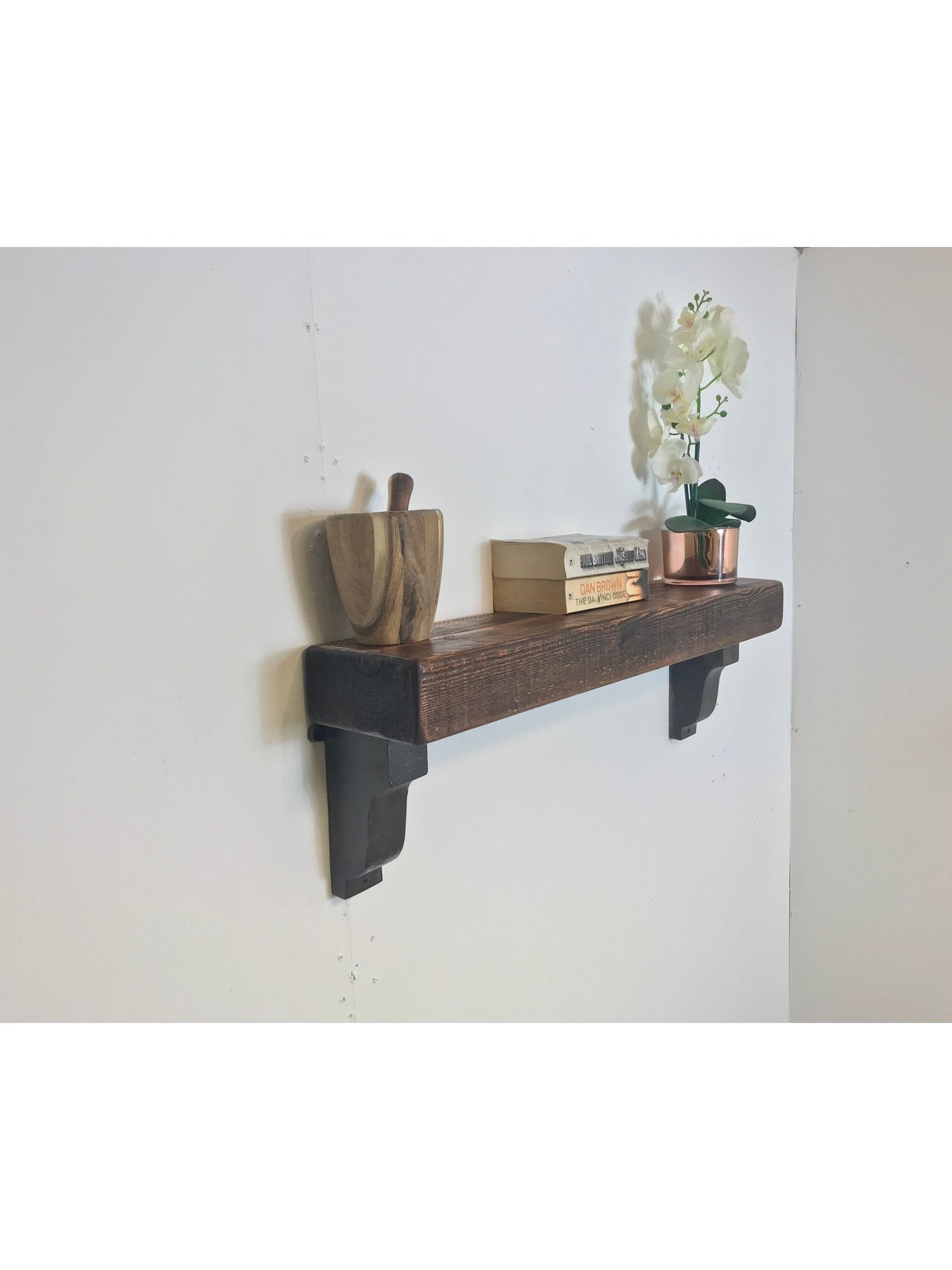 Mantle beam with Corbel Mantelpiece Cast Iron brackets, 150mm x 75mm solid pine wood hand finished and stained