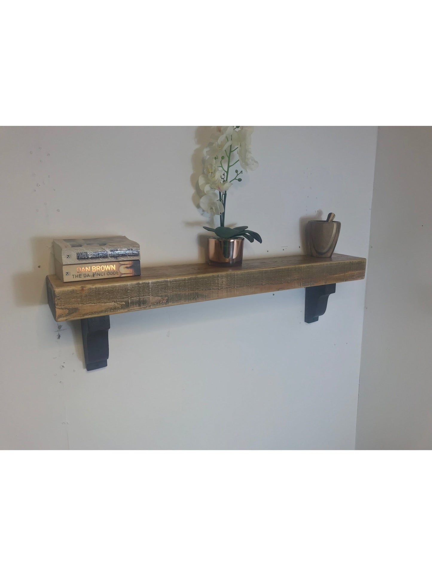 Mantle beam with Corbel Mantelpiece Cast Iron brackets, 150mm x 75mm solid pine wood hand finished and stained