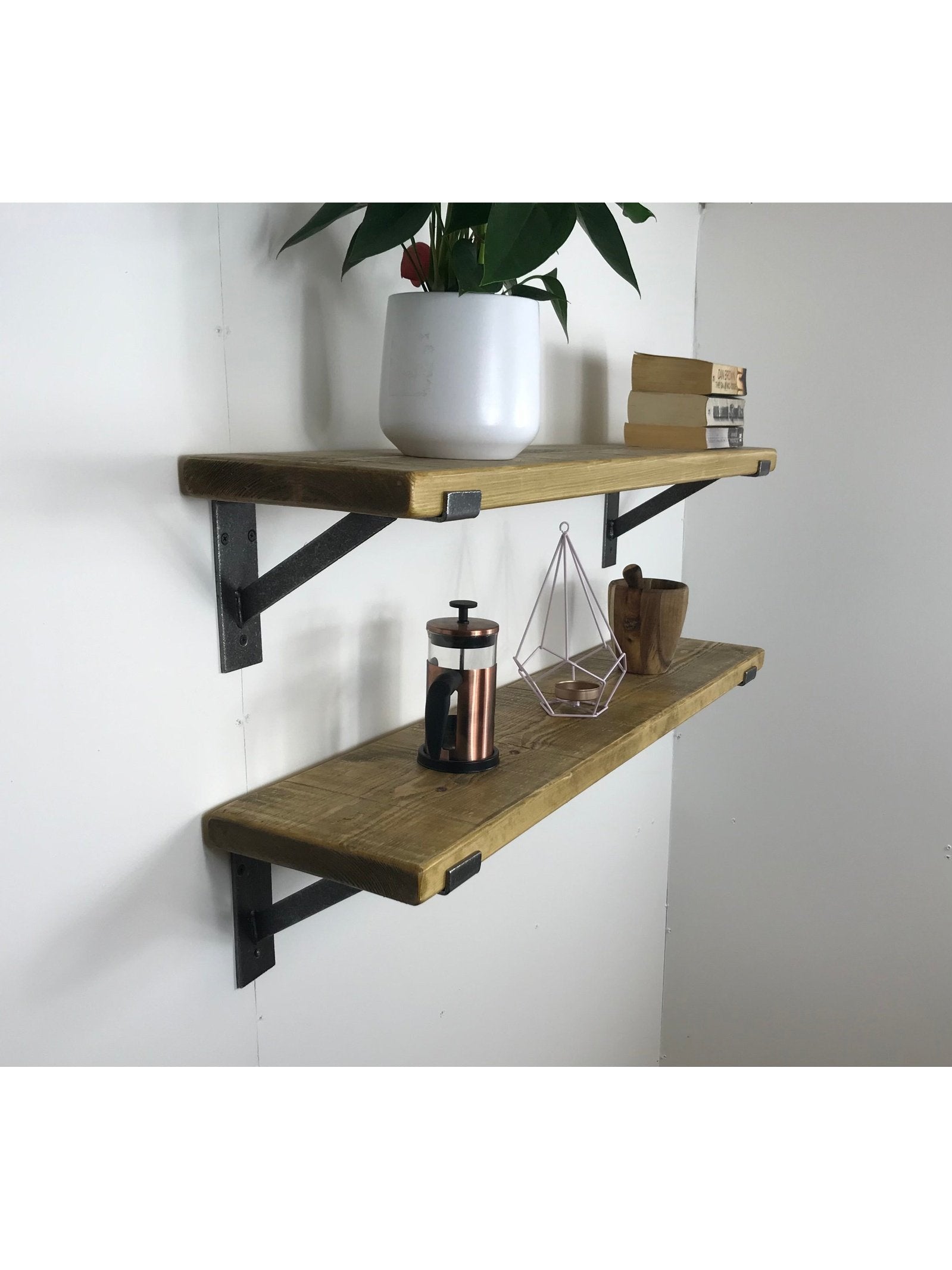 Rustic Style Solid Wood Shelf with Raw Steel lipped up Brackets, Handcrafted, 22cm Depth x 3.2cm Thickness, 5 wood finishes. free Uk deliver