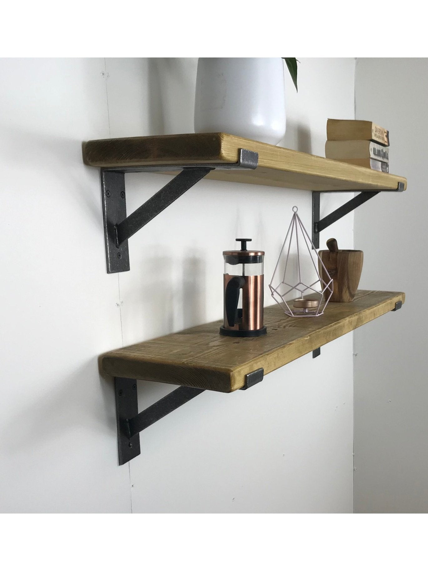 Rustic Style Solid Wood Shelf with Raw Steel lipped up Brackets, Handcrafted, 22cm Depth x 3.2cm Thickness, 5 wood finishes. free Uk deliver