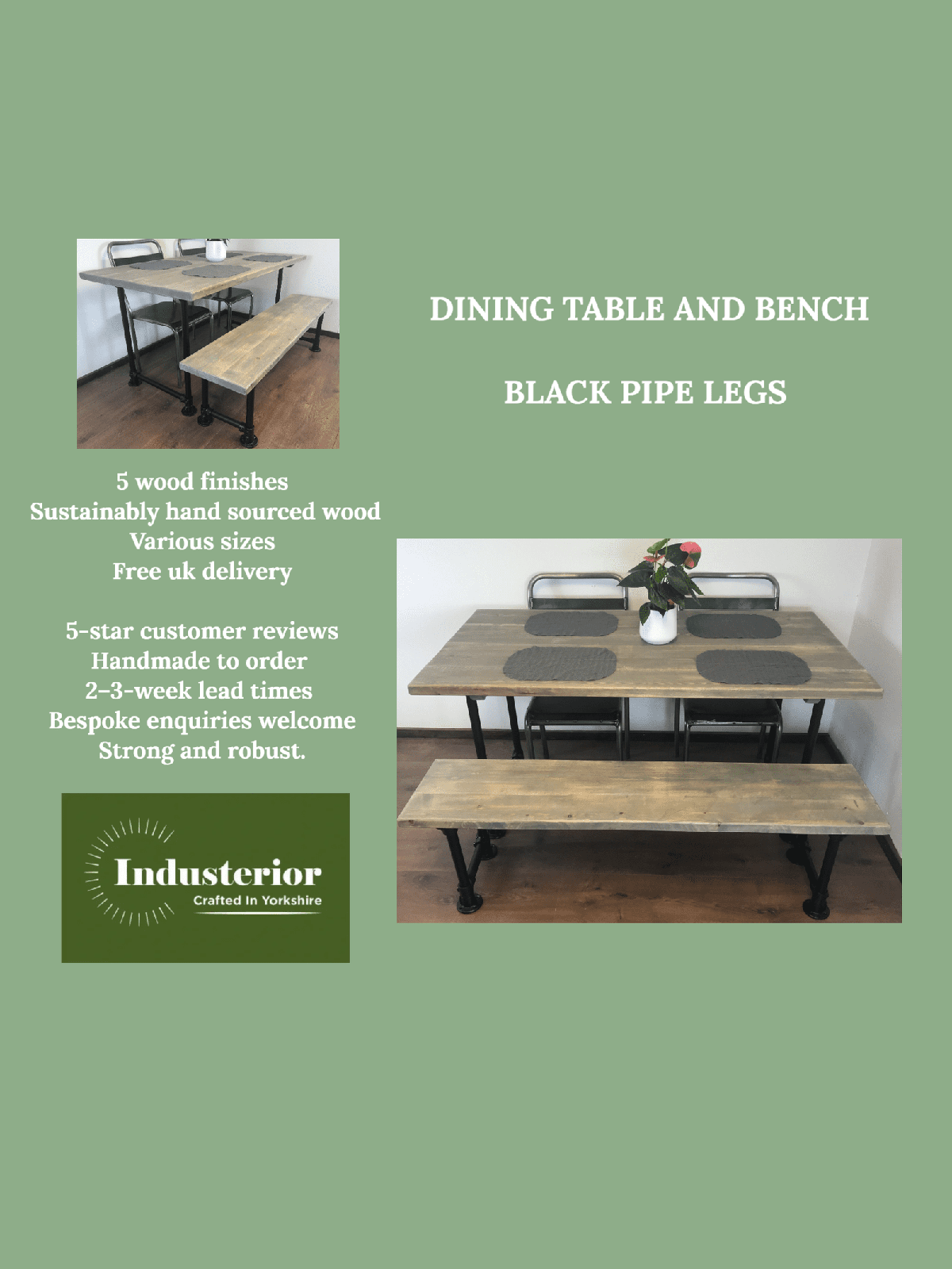 Dining table and bench set, choice of 5 wood finishes, Black industrial style legs, Rustic sustainable wood, rustic dining table THE FIRTREE