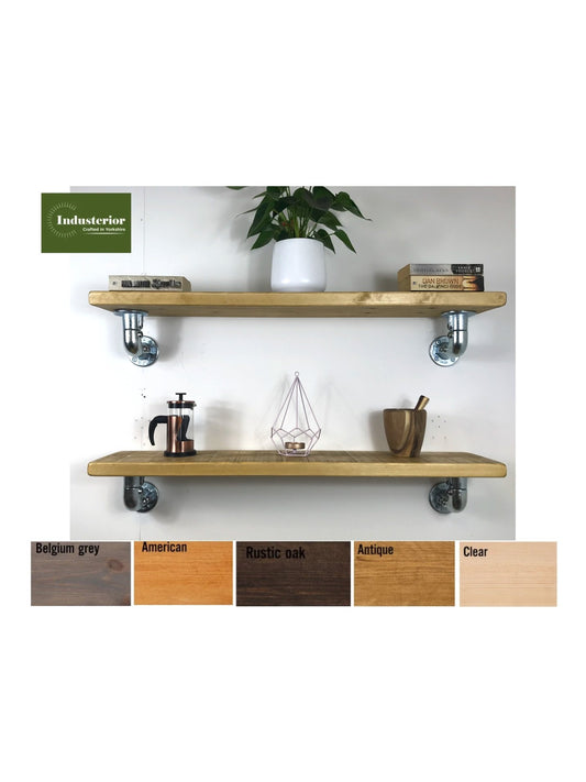 Rustic Shelves, handcrafted in solid wood, Industrial silver scaffold style Brackets, 5 wood colours, wall shelf