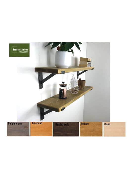 Rustic Style Solid Wood Shelf with Raw Steel lipped up Brackets, Handcrafted, 22cm Depth x 3.2cm Thickness, 5 wood finishes. free Uk deliver