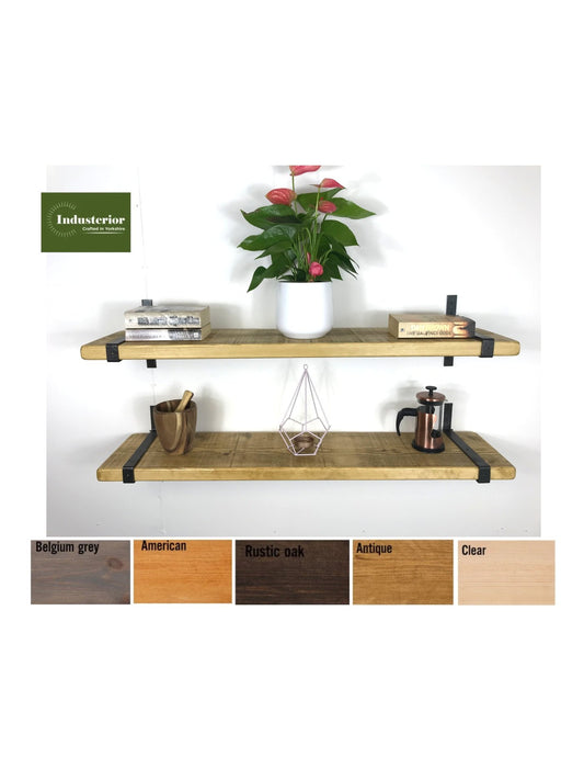 Rustic Style Solid Wood Shelf with Wrap style Raw Steel Brackets, Handcrafted, 5 wood finishes. free Uk delivery