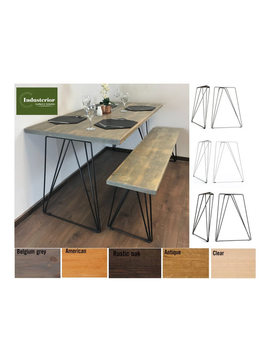 Rustic Dining table and bench set, Rustic timber professionally joined in 5 colours, Industrial Hair pin legs, The ASH