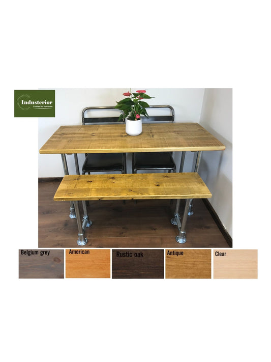 Scaffold style dining table with optional bench set. with a choice of 5 wood finishes and silver industrial legs,.